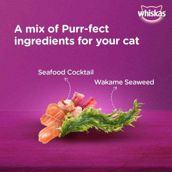 Whiskas Tasty Mix Adult Seafood Cocktail With Wakame Seaweed in Gravy 70g - Image 5